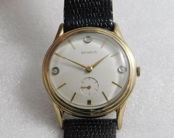 Vintage Collectible Working Benrus Men's Wrist Watch 10 kt rolled gold case with Diamonds