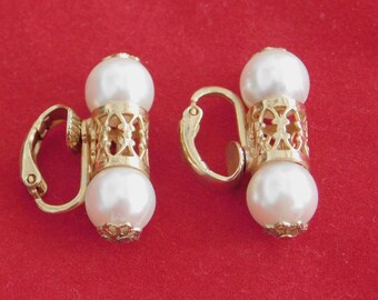 Boucles D'oreilles Clips Vintage En Perles De Verre Cristal - Occasion, état Impeccable, Bijou Fantaisie