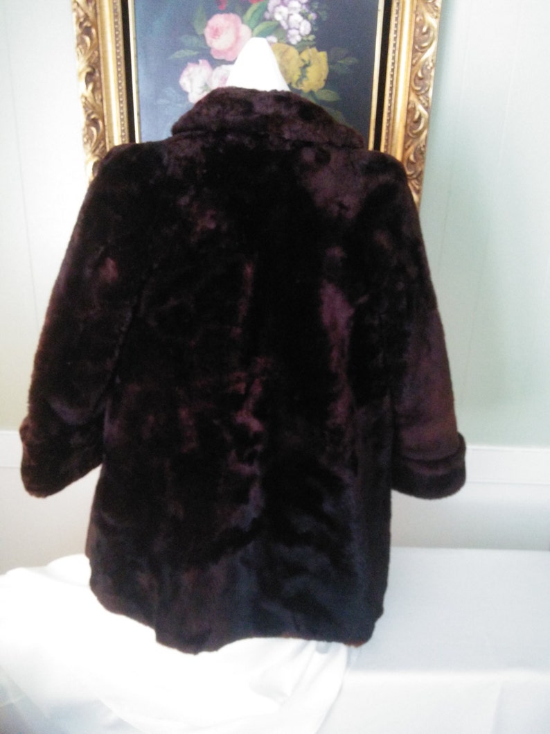 May include: A brown faux fur coat with a collar and long sleeves.