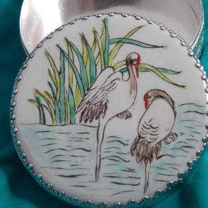 Vintage Collectible Porcelain Hand Painted Silver Plate Powder Box