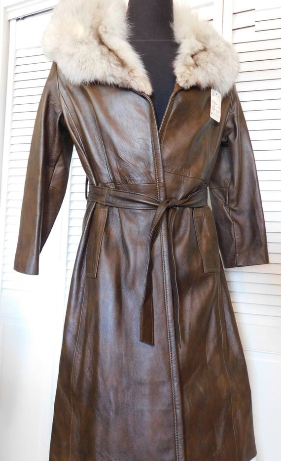 Ladies Brown Leather Coat with Fox Fur Collar