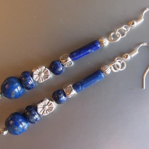 Sterling Silver Genuine Lapis Lazuli and Silvertone Beads Dangle Earrings  3 1/8&quot;
