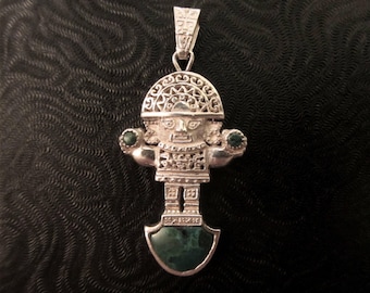 Vintage 950 Silver Lapis Lazuli & Malachite Reversible Peruvian Inca Tumi Pendant - 15.96 Grams - See Photos