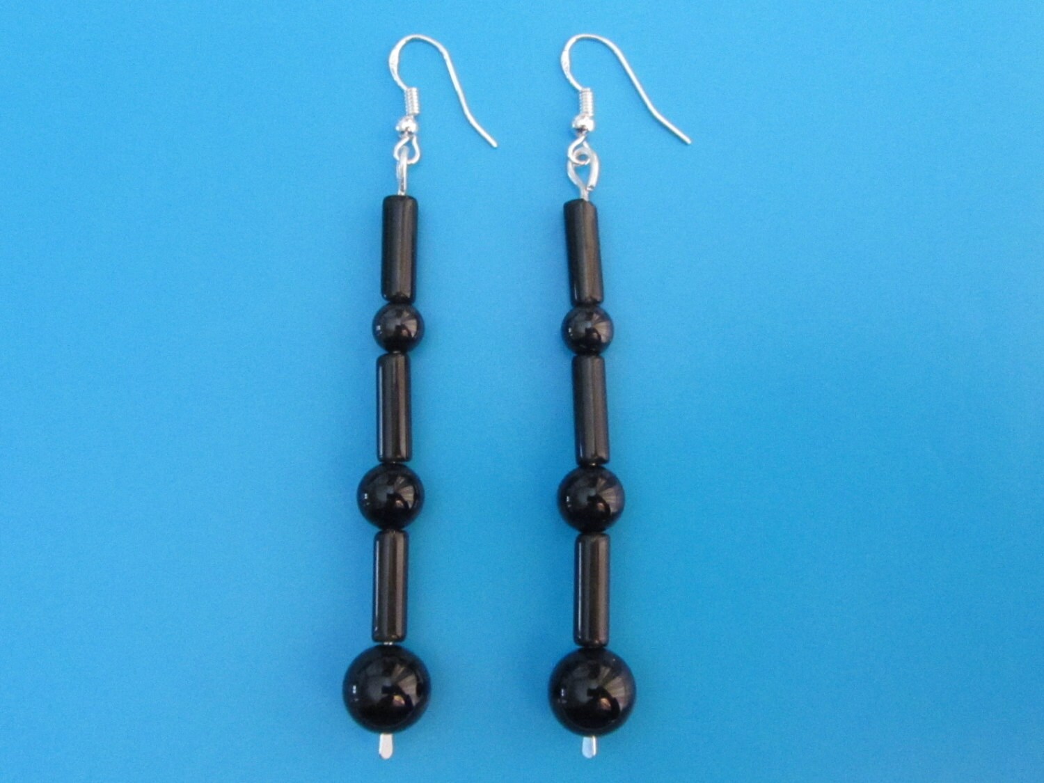 Sterling Silver Onyx Bead Dangle Earrings 3 1/2 - Etsy Australia