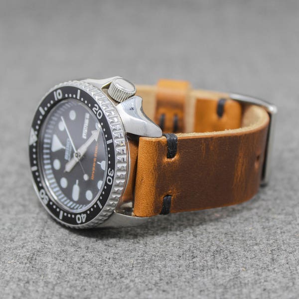 Leather Watch Band | Horween English Tan Dublin with Black Thread | The Hudson Strap