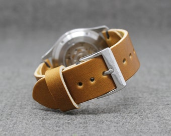 Leather Watch Band | Horween Leather Wheat Cavalier with Black Thread | The Hudson Strap