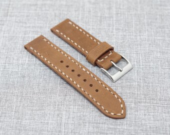 Leather Watch Band | Horween Leather Peanut Dryden with Natural Thread - The Sierra Premium