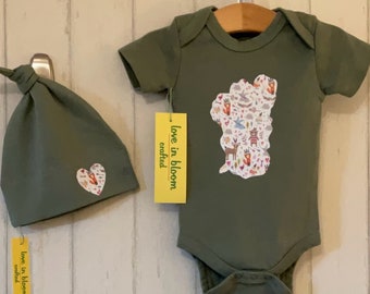 Baby Tahoe Gift set bodysuit and hat organic with baby animals, Unisex baby, Boy baby, Girl baby, Nevada baby, California baby,  baby shower