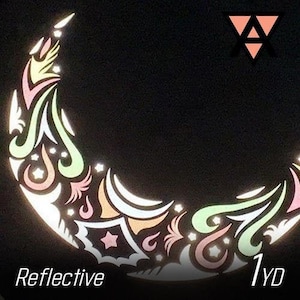 May include: A reflective crescent moon design with intricate patterns in pink, green, and orange. The design is on a black background and includes the text "1 yd" and "Reflective".