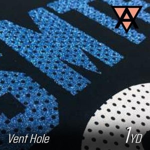 May include: Close-up of a black fabric with blue glitter lettering and a white dotted pattern. The text "Vent Hole" is visible, along with the measurement "1 YD". The blue lettering has a perforated design.