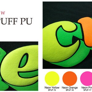 May include: Close-up of a black t-shirt with the word "cute" written in neon green, orange, pink, and yellow letters. The letters are puffy and have a 3D effect. The t-shirt is made with a neon puff PU material.