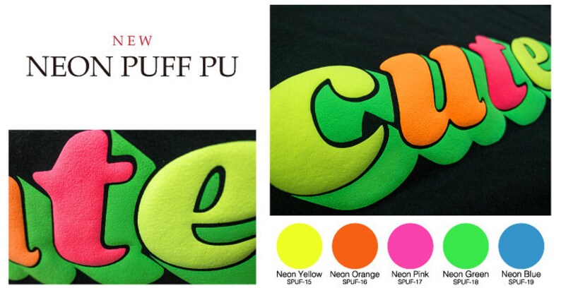 May include: Close-up of a black t-shirt with the word "cute" written in neon green, orange, pink, and yellow letters. The letters are puffy and have a 3D effect. The t-shirt is made with a neon puff PU material.
