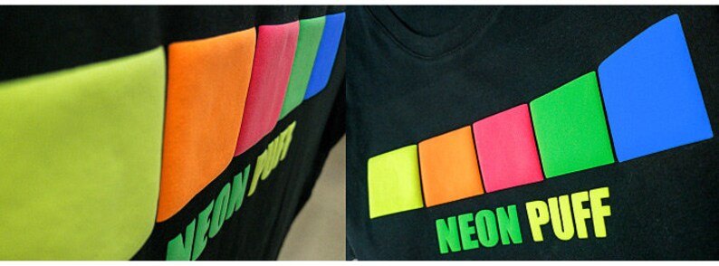 May include: Black t-shirt with a neon puff design. The design features a row of five colorful squares in yellow, orange, red, green, and blue. The text "NEON PUFF" is printed in yellow below the squares.
