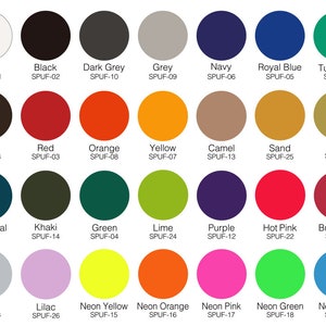 May include: A color chart with 28 different colored circles. Each circle is labeled with a color name and a code. The colors include white, black, dark grey, grey, navy, royal blue, turquoise, brown, red, orange, yellow, camel, sand, gold, dark teal, khaki, green, lime, purple, hot pink, burgundy, silver, lilac, neon yellow, neon orange, neon pink, neon green, and neon blue.