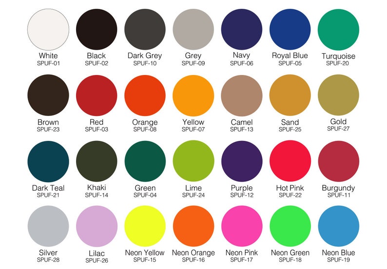 May include: A color chart with 28 different colored circles. Each circle is labeled with a color name and a code. The colors include white, black, dark grey, grey, navy, royal blue, turquoise, brown, red, orange, yellow, camel, sand, gold, dark teal, khaki, green, lime, purple, hot pink, burgundy, silver, lilac, neon yellow, neon orange, neon pink, neon green, and neon blue.