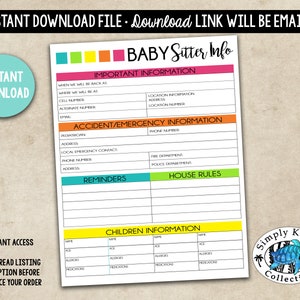 Babysitter Information - Babysitter Checklist - Babysitter Notes - Babysitter Info - Nanny Notes