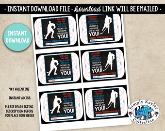 May include: Nine printable Valentine's Day cards featuring a hockey player on a black chalkboard background with red and blue lines. The text on the cards reads "Red lines are red, blue lines are blue, hockey is awesome and so are you!"