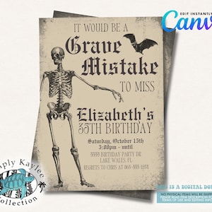 Skeleton Birthday Invitation, Halloween Canva Template