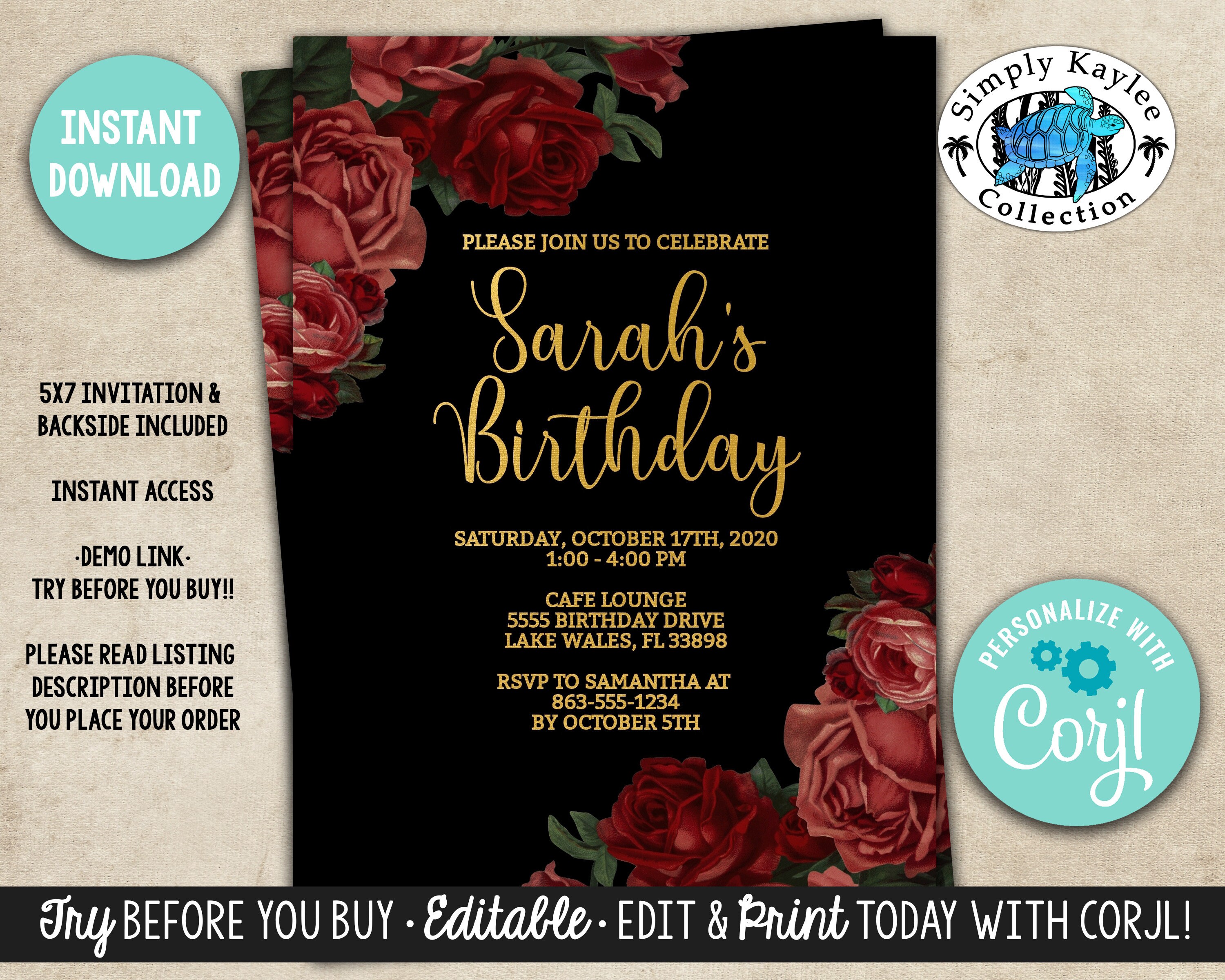 Red Roses Birthday Invitations Floral Birthday Invitation Etsy México