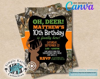 Camo Deer Hunting Birthday Invitation: Editable Template (Digital Download)