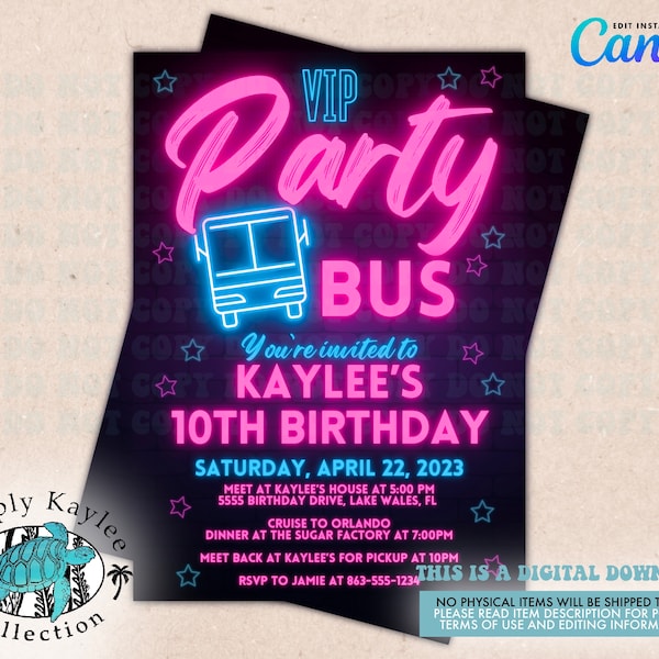 Party Bus Birthday Invite - Party Bus Bachelorette Invite - Neon Party Bus Invite - Glow in the Dark Party Bus Invite