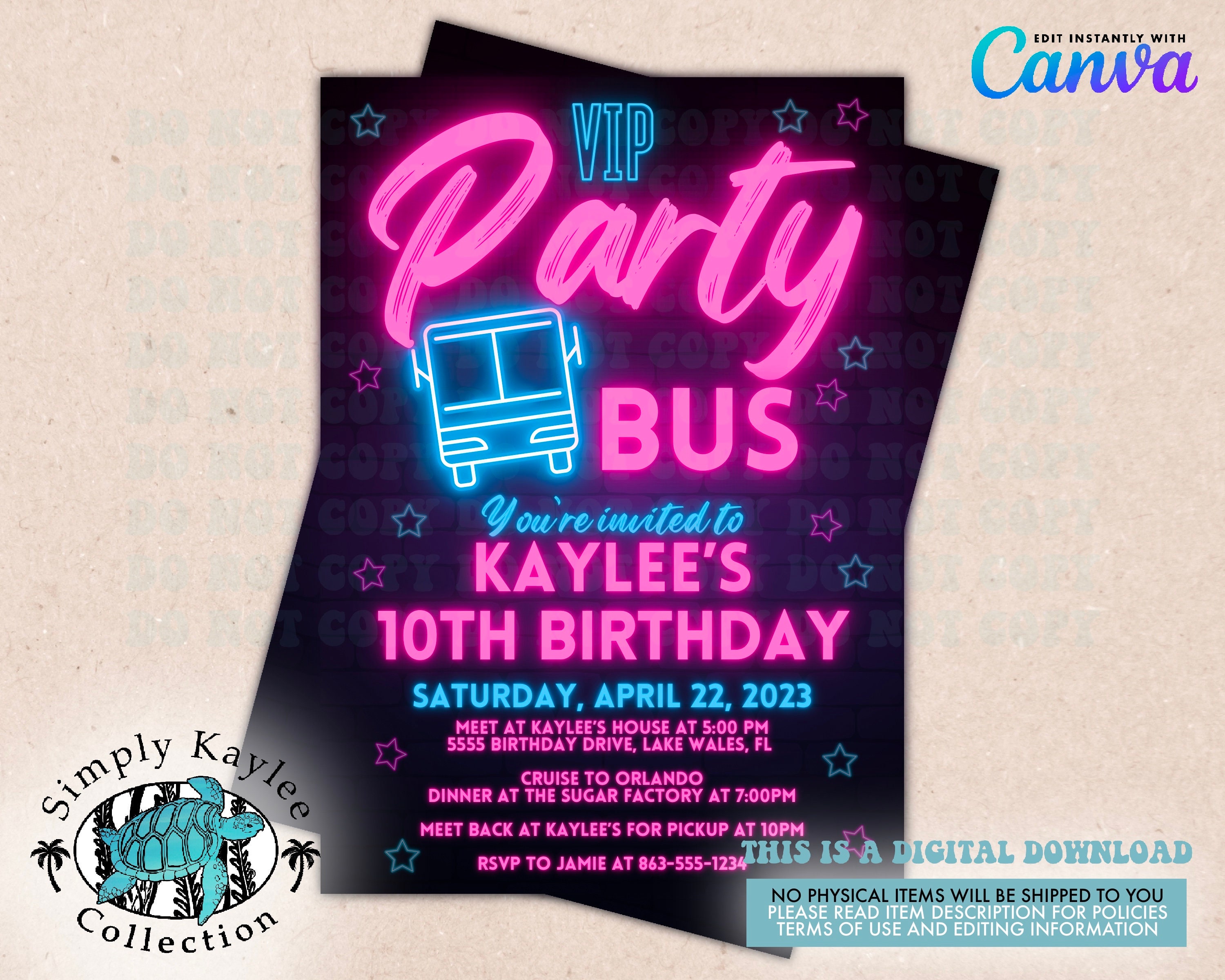 Neon Party Bus Birthday Invitation: Editable Template (Digital Download)