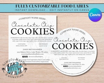 Customizable Chocolate Chip Cookie Labels, Instant Download Bakery Food Labels