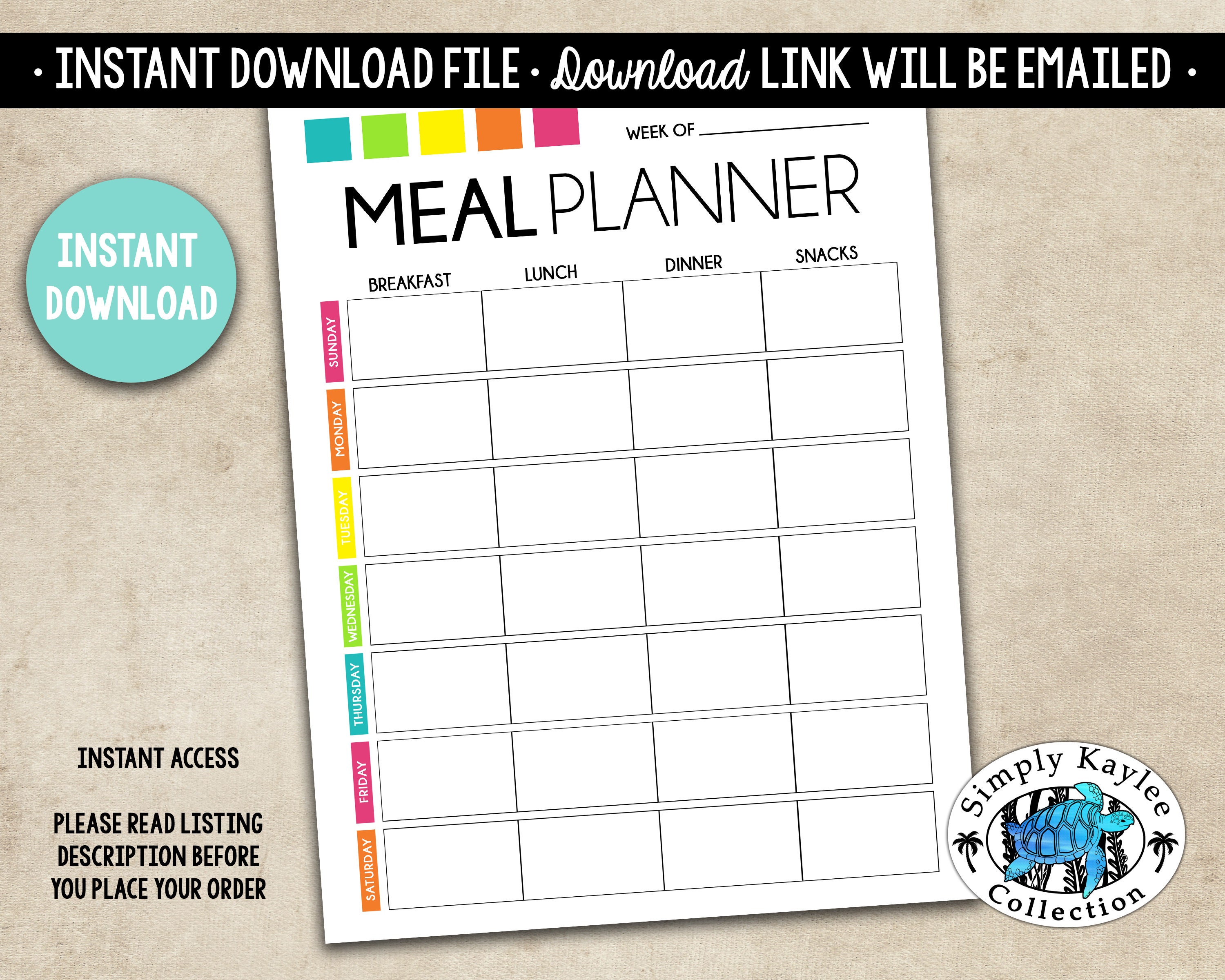 Printable Meal Planner Meal Tracker Weekly Meal Planning | Etsy