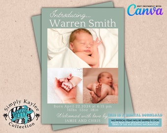 Modern Minimalist Birth Announcement Photo Template (Digital Download)