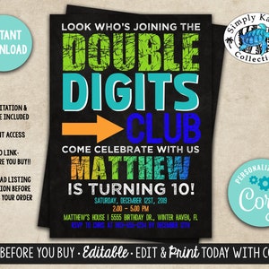 Double Digits Birthday Invitation, 10th Birthday Invitation, Boys 10th Birthday Invitation