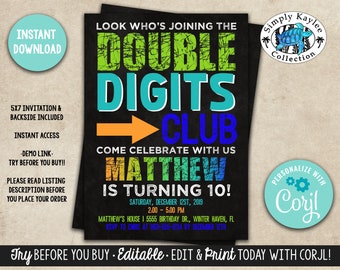 Double Digits Birthday Invitation, 10th Birthday Invitation, Boys 10th Birthday Invitation