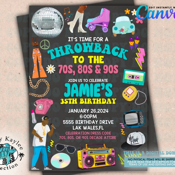 Dance Through the Decades Birthday Invitation, Canva Template