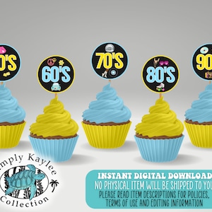 Decades Cupcake Toppers, Decades Dance Party Decor, Dancing Through The Decades Party Decor, Eras Party Cupcake Toppers