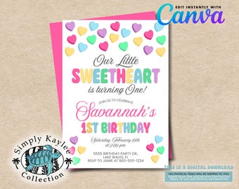 Candy Heart 1st Birthday Invitation: Valentine's Day Theme (Digital Download)