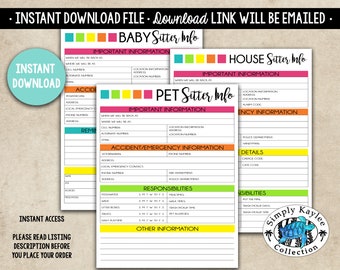 Sitter Information Bundle: Baby, House, Pet Sitter Planner (Printable PDF)