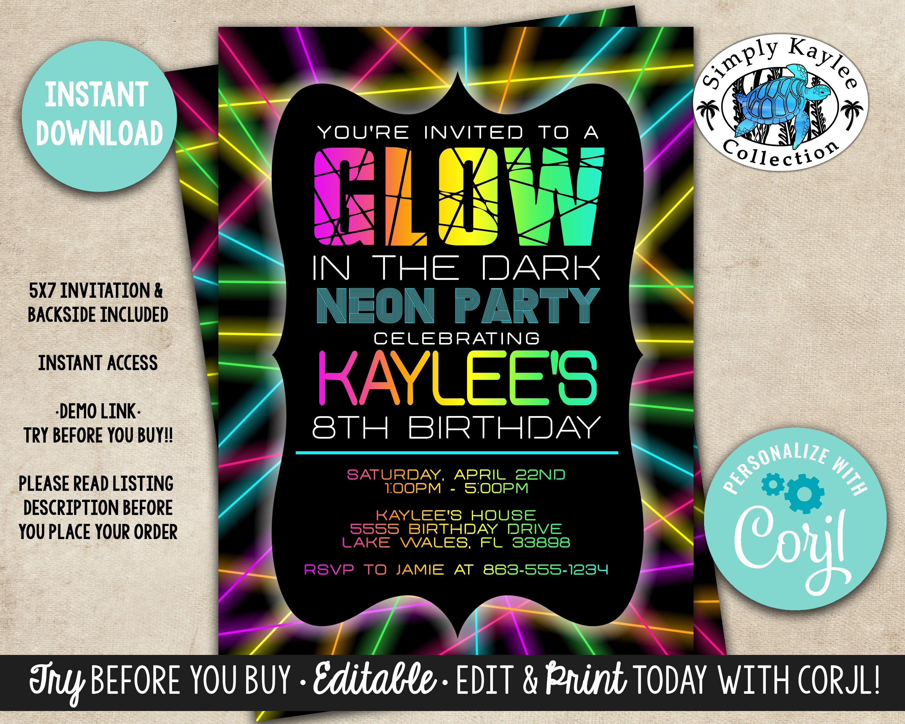 Glow Birthday Party Invitation Glow in the Dark Birthday Invitation Double Digits Birthday Party Invitation Neon Birthday