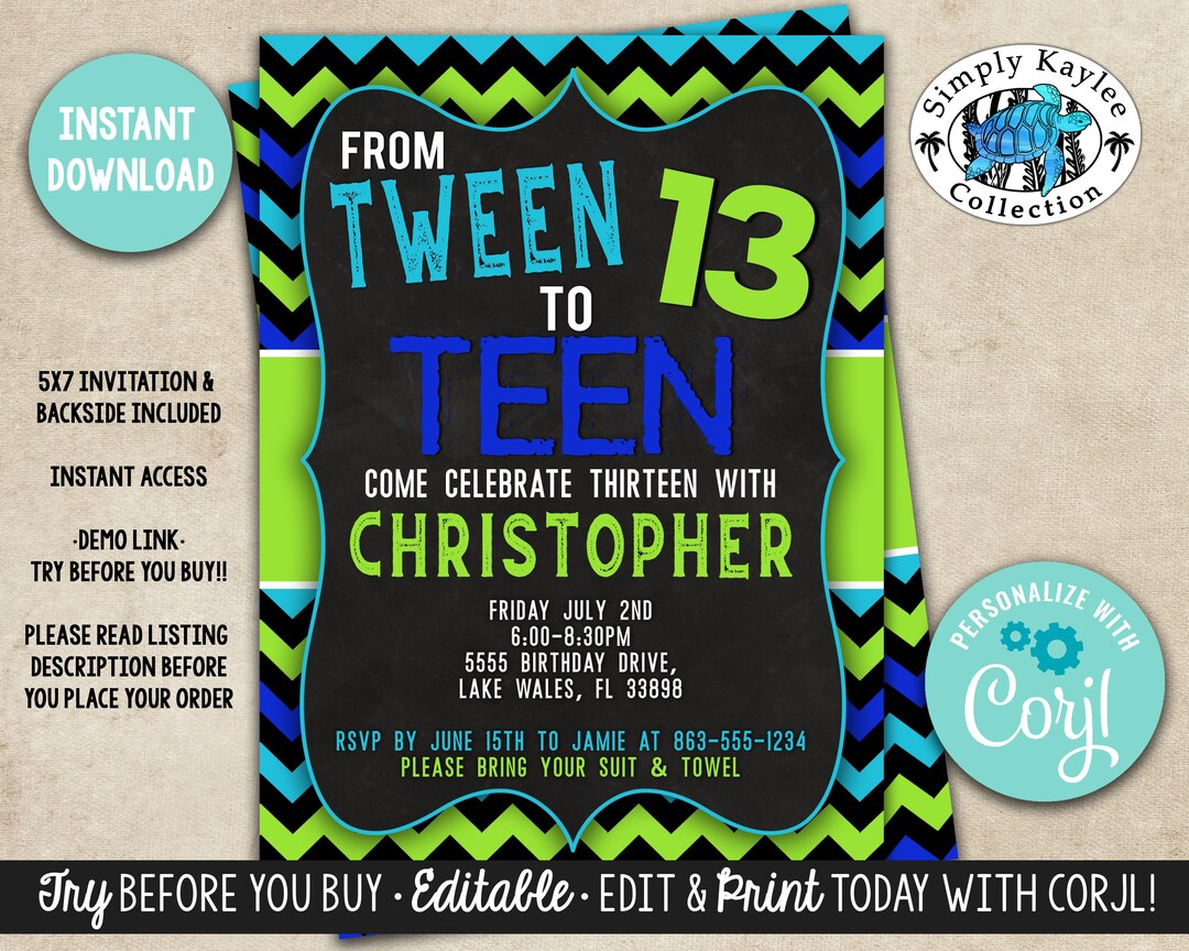 Tween to Teen Birthday Party Invitation - 13th Birthday Party ...