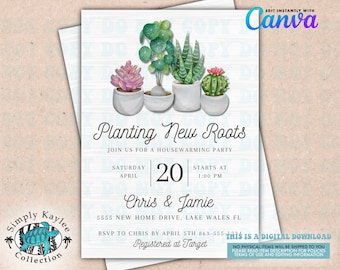 Plantilla de invitación de inauguración de la casa "Plantando nuevas raíces" (descarga digital)
