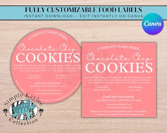 Customizable Chocolate Chip Cookie Labels, Instant Download Bakery Food Labels