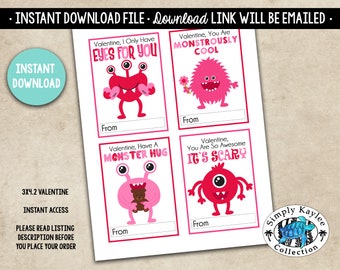 Monster Valentine's Day Cards: Printable Classroom Valentines (Digital Download)