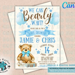We Can Bearly Wait Baby Shower Invite, Teddy Bear Baby Shower Invite, Baby Boy Shower Invitation, Bear Baby Shower