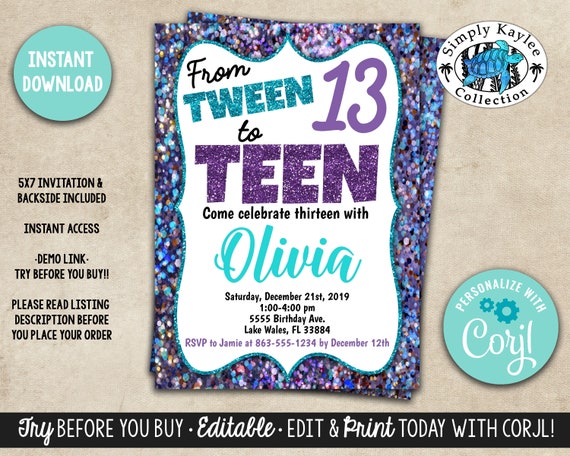 Tween to Teen Birthday Party Invitation 13th Birthday Party - Etsy