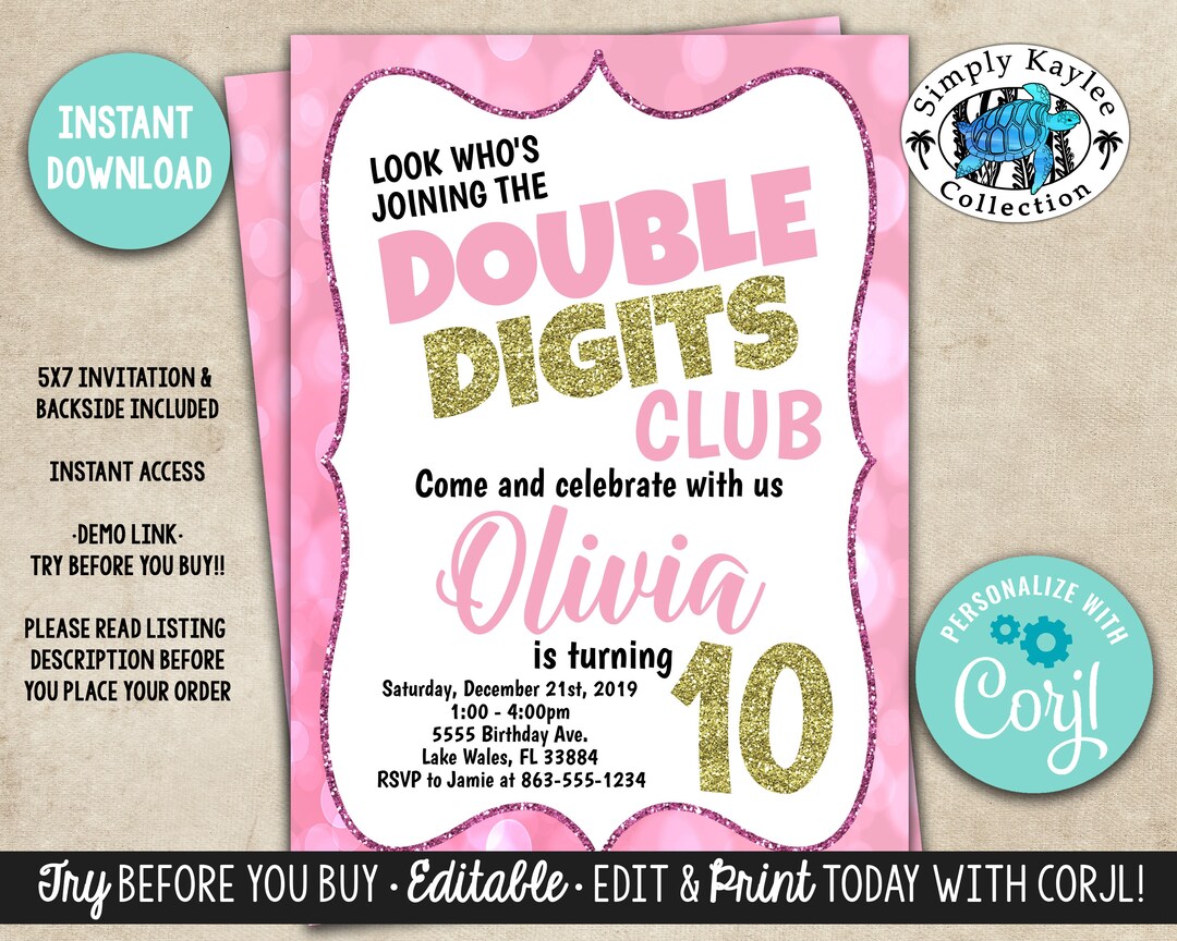 Double digits birthday invitation 10th birthday invitation pink and