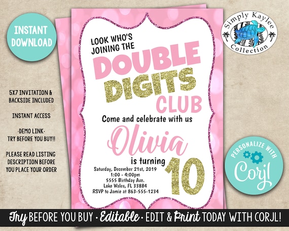 Double Digits Birthday Invitation 10th Birthday Invitation Etsy Ireland