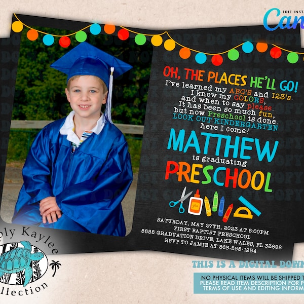 School Graduation Invitation, Pre- K Graduation, Kindergarten Grad, Preschool Grad, Elementary Grad