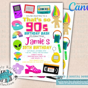 Modello di invito per festa di compleanno anni &#39;90 (download digitale)