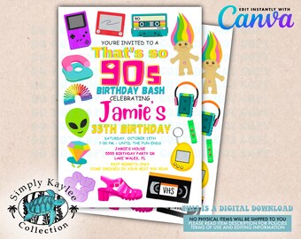 Plantilla de invitación para fiesta de cumpleaños de los 90 (descarga digital)