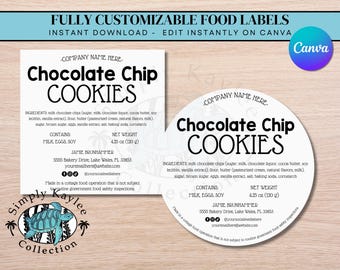 Customizable Chocolate Chip Cookie Labels, Instant Download Bakery Food Labels
