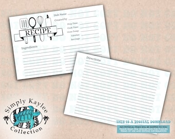 Plantilla imprimible para tarjeta de recetas de 4x6 pulgadas (descarga digital)