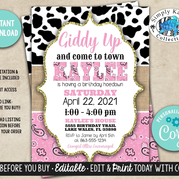 Rodeo Birthday Party Invitation - Cowgirl Birthday Party Invitation - Western Birthday Party Invitation